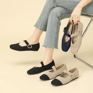 Women Hollow Out Flyknit Mary Jane Flats Square Toe Breathable Flat Walking Shoes With Buckle Strap Ballet Style Shoes