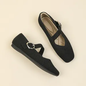 Elegant black mesh Mary Jane flats with square toe and silver buckle strap decor.