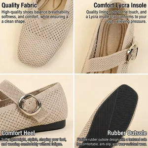 Breathable hollow knit Mary Jane flat shoes with square toe and adjustable buckle strap