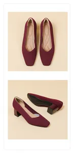 Detailed views of burgundy ribbed knit block heel pumps with a stylish square toe design.