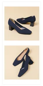 Detailed view of navy blue ribbed knit pumps with square toe and block heels