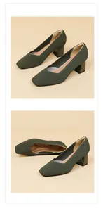 Detail view of olive green chunky heel pumps featuring ribbed texture and square toe design