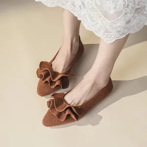 Elegante braune Strick-Ballerinas mit Rüschendetails, atmungsaktives Slipper-Design für Damen