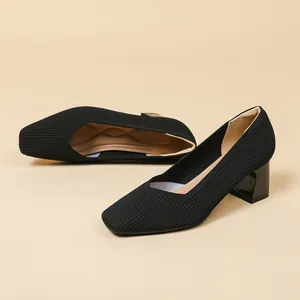 Elegant black ribbed knit pumps with chunky block heel and chic square toe design for women