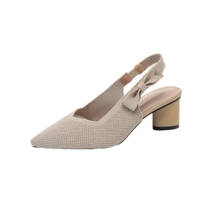 Elegant pointed-toe slingback pumps with block heel and bow detail in beige knit