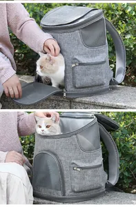 Sac à dos de transport pour chat en tissu Oxford gris respirant avec fenêtres en filet