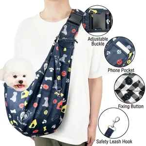 Portable adjustable pet sling carrier for small dogs and cats with secure buckle.