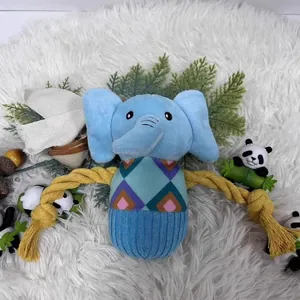 Close-up of squeaky plush elephant pet toy with durable cotton ropes for chewing