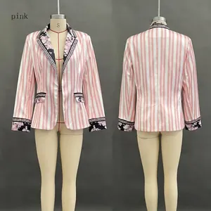 Front and back view of a women's pink bohemian striped blazer featuring floral accents
