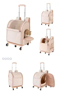 Detail views of a pink portable pet trolley backpack with mesh windows and wheels