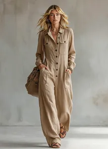 Full-body view of a stylish khaki linen long-sleeve utilitarian jumpsuit with wide legs