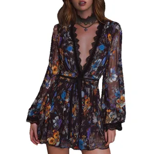 Elegant floral V-neck long-sleeve organza mini dress with a belted waist for women.