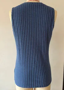 Detailed back view of a stylish blue sleeveless ribbed knit vest top for women