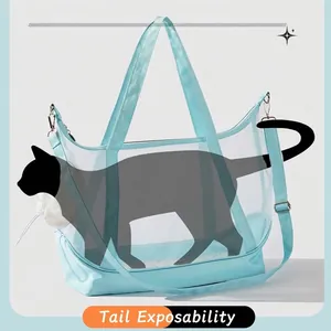 Breathable mint blue mesh cat carrier bag with tail opening and shoulder strap