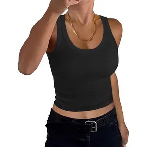 Detailaufnahme des schwarzen gerippten ärmellosen Tanktops für Damen mit weitem Rundhals