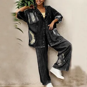 Ensemble en jean noir pour femme avec patchwork léopard, haut à capuche et pantalon large