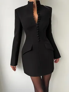 Elegant black slim fit long sleeve blazer dress with stand-up collar and button detail