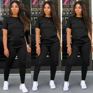 Women's sexy solid color two-piece casual set with round neck t-shirt and leggings