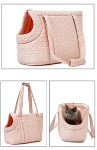 Pink quilted pet carrier bag with a gray cat inside, shown in various detail views.