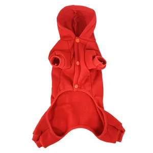 Close-up front view of red pet hoodie jumpsuit with snap buttons and soft fleece lining
