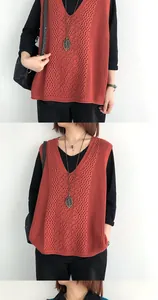 Vista dettagliata di un gilet in maglia vintage con scollo a V e motivi a rombi traforati.