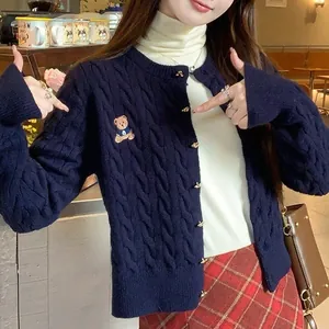Korean style navy blue cable knit cardigan with cute teddy bear embroidery and gold buttons.