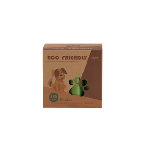 Close-up of eco-friendly boxed EPI degradable dog poop bags, lavender scent, 9 rolls total