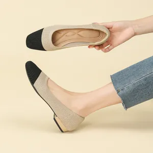 Scarpe Basse da Donna in Maglia a Punta Quadrata (F105) Tessuto Traspirante Tacco Grosso Slip On Scarpe Casual da Pendolare
