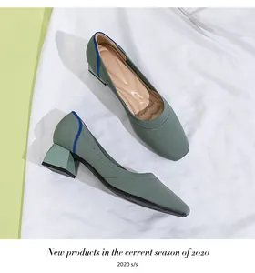 Stylish sage green knit square toe block heel pumps for women, elegant low heel shoes.