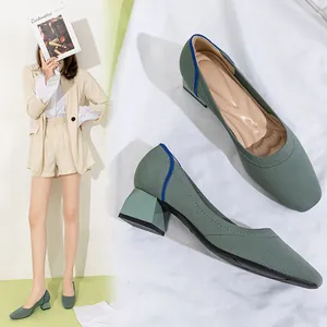 Elegant sage green knit square toe pumps with comfortable chunky mid heels for women