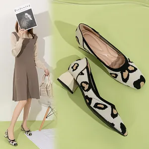 Women's square toe block heel pumps featuring a stylish heart leopard knit pattern