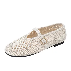 Ballerines Mary Jane rétro en paille tressée avec bride respirante, couleur crème