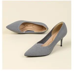 Elegant grey pointed-toe knit high heels with a slender 7.5cm stiletto heel profile