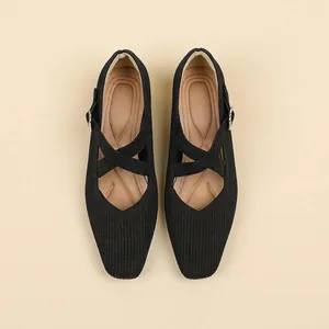 Elegant black knit Mary Jane flats with square toe and comfortable cross straps for women
