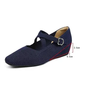 Navy blue knitted Mary Jane wedge shoes with square toe and adjustable cross strap design