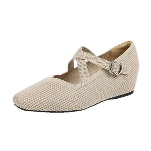 Elegant beige knitted Mary Jane wedge shoes featuring a square toe and elastic cross straps