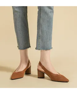 Detailed side view of brown knit pointed-toe slingback block heel sandals for women