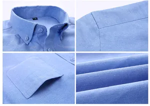 Detail views of men's blue Oxford shirt showing collar, stitching, and fabric texture.