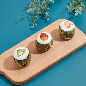 Set of three realistic sushi plush catnip toys for cats on a wooden serving board
