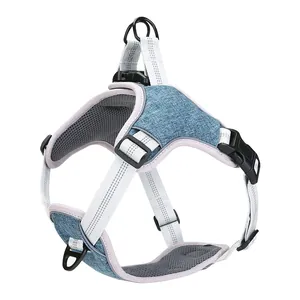 Detailed view of the H-shape Oxford cloth vest-style reflective dog harness in blue