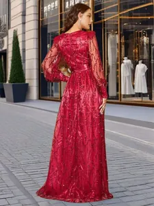 Elegant back view of a red sequin mesh maxi gown perfect for evening banquets