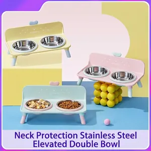 Elevated Stainless Steel Double Cat Bowl Heart Shaped Neck Protection Non-Slip Plastic Base Pet Feeder For Small Dogs Cats