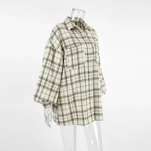 Vintage oversized brown plaid shirt for women with a classic casual street style look