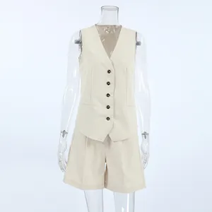 Detailed front view of a minimalist khaki cotton linen vest and shorts set on a mannequin