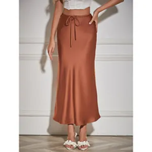 Women's elegant caramel brown high waist satin midi skirt with drawstring detail