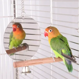 Detail view of parrot mirror toy with wooden perch and metal bell hanging in cage