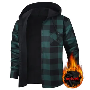 Men's stylish green and black plaid hooded shirt with warm velvet fleece lining