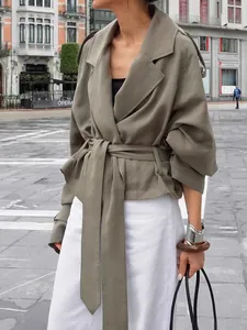 Women's Elegant Big Lapel Lace Up Trench Coat Autumn Casual Loose Sage Green Short Jacket Windbreaker Polyester Top