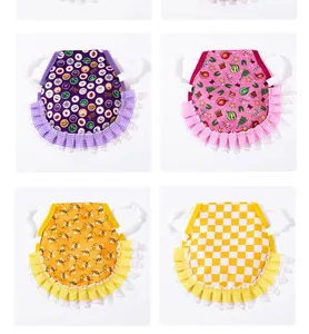 Variety of four decorative hen saddles featuring lace trim for poultry back protection