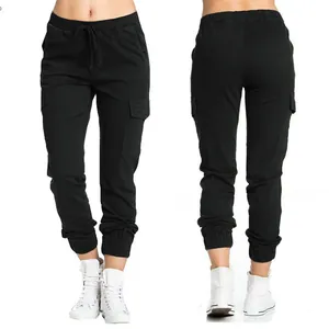 Front and back view of women's black cargo pants with elastic drawstring waist